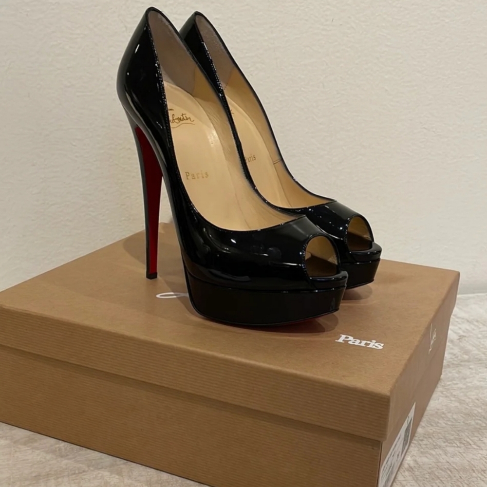 Christian Louboutin Black Patent Leather Lady Peep Toe Pumps 